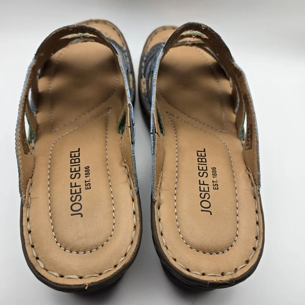 Josef Seibel Women's Blue and Green Slip On Leather Mule Sandals - Picture 4 of 9